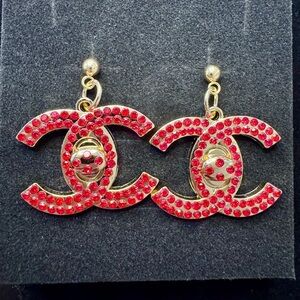 Red Crystal Interlocking CC Drop Earrings - Designer Inspired
